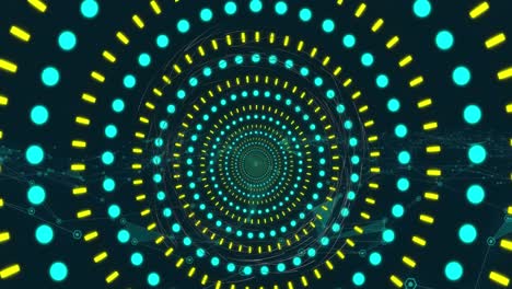 animación de formas circulares de neón en un patrón sin costuras contra una red de iconos digitales.