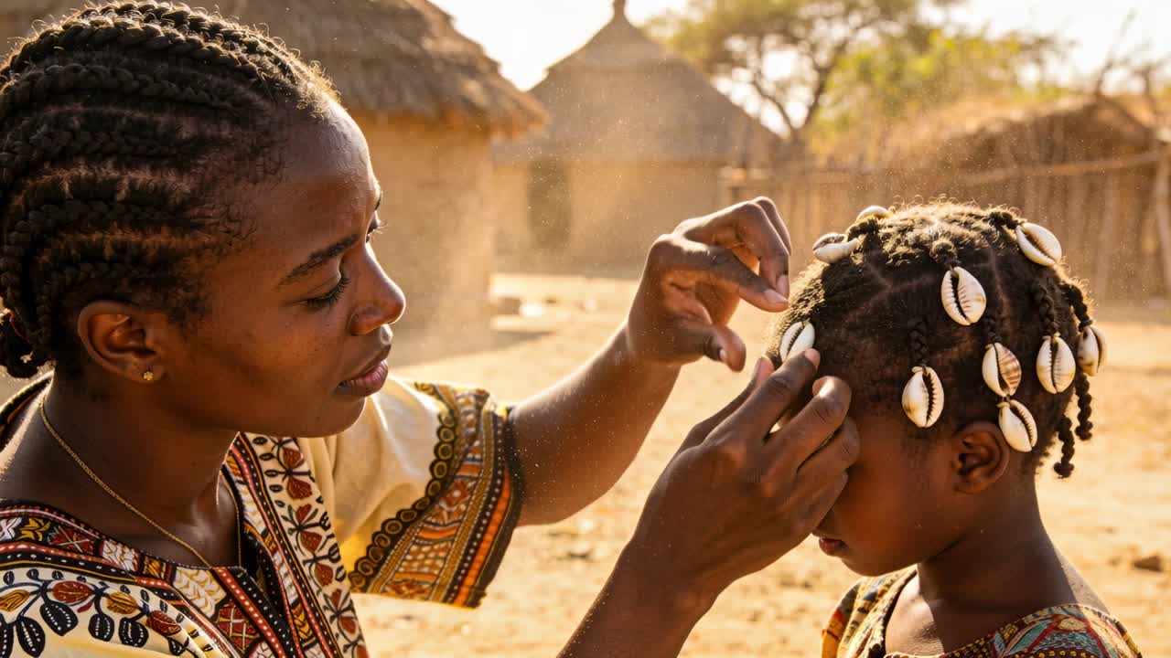 Wanita menata cangkang kerang, mengikatnya ke rambut kepang di desa untuk upacara, mengenakan gaun bermotif.
