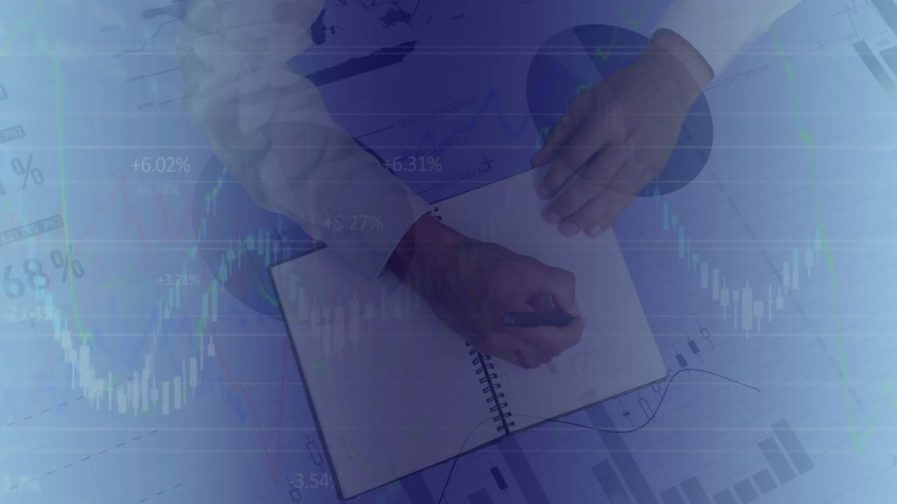 Composizione di elaborazione dati finanziari su disegno di uomo d'affari caucasico