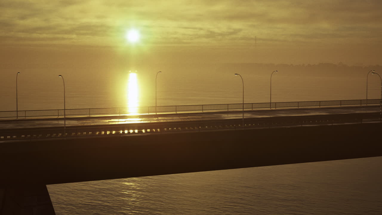 Majestic sunrise illuminating a serene bridge over calm waters