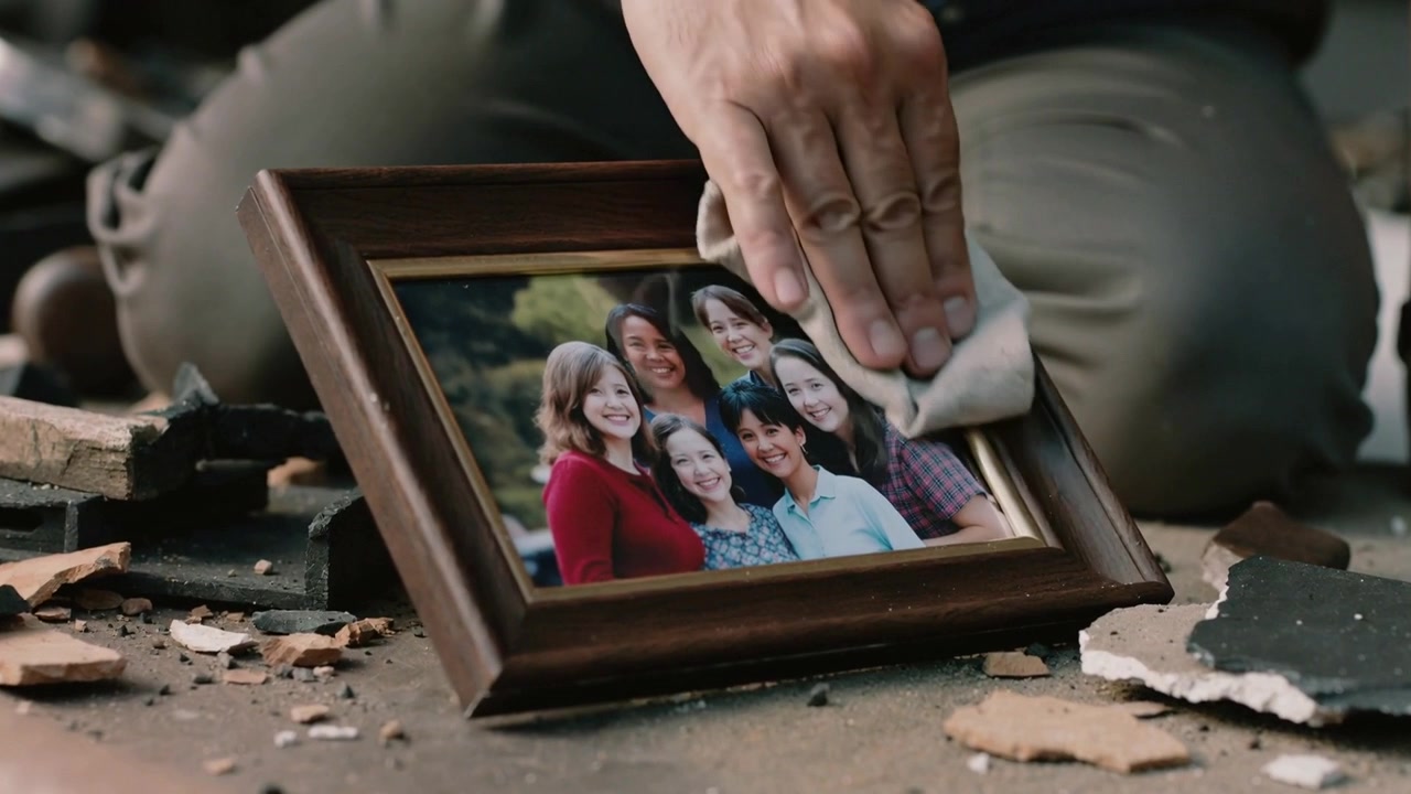 Pressing rag down, kneeling man wiping glass on family portrait on rubble floor revealing faces