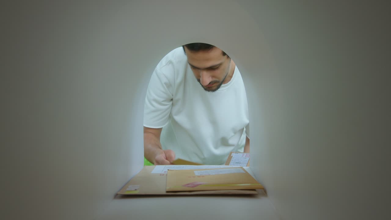 Young Man Taking Parcels and Envelopes from Mailbox