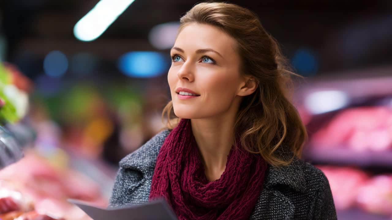 A woman in a cozy scarf gazes thoughtfully at her shopping list while surrounded by fresh produce in a vibrant market, pondering her meal choices and looking for the best ingredients to buy