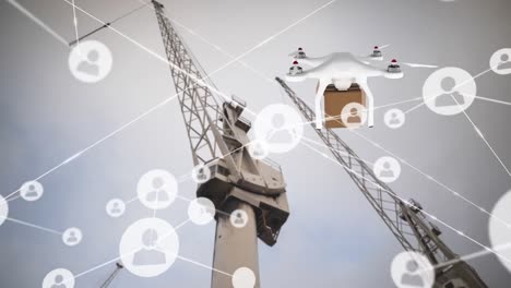 Animation-of-network-of-connections-with-icons-and-digital-drone-over-cranes