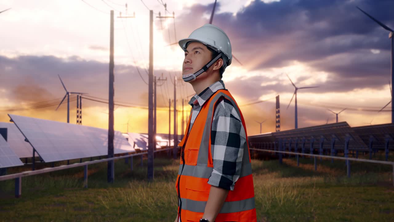 Side View Of Asian Male Engineer With Safety Helmet Looking Around While Standing With Solar Panel and Wind Turbines