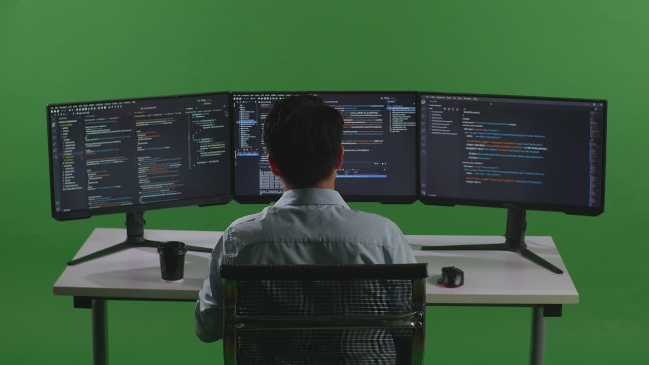 Back View Of Tired Asian Man Developer Stretching While Write Code With Multiple Computer Screens In Green Screen Studio