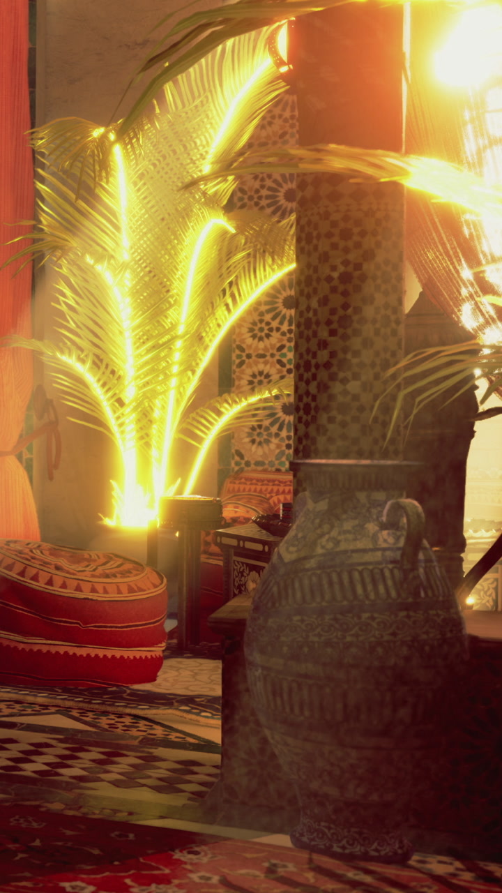 Moroccan room with bright light from a palm tree and decorative items
