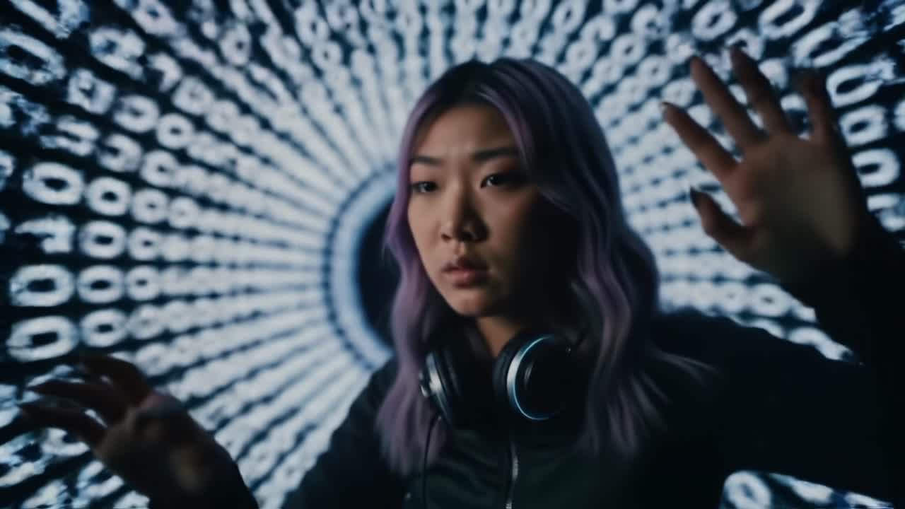An Engaging Journey Through Digital Realms: A Young Woman with Headphones Immerses Herself in a Cyberspace Experience Surrounded by Dynamic Light Patterns