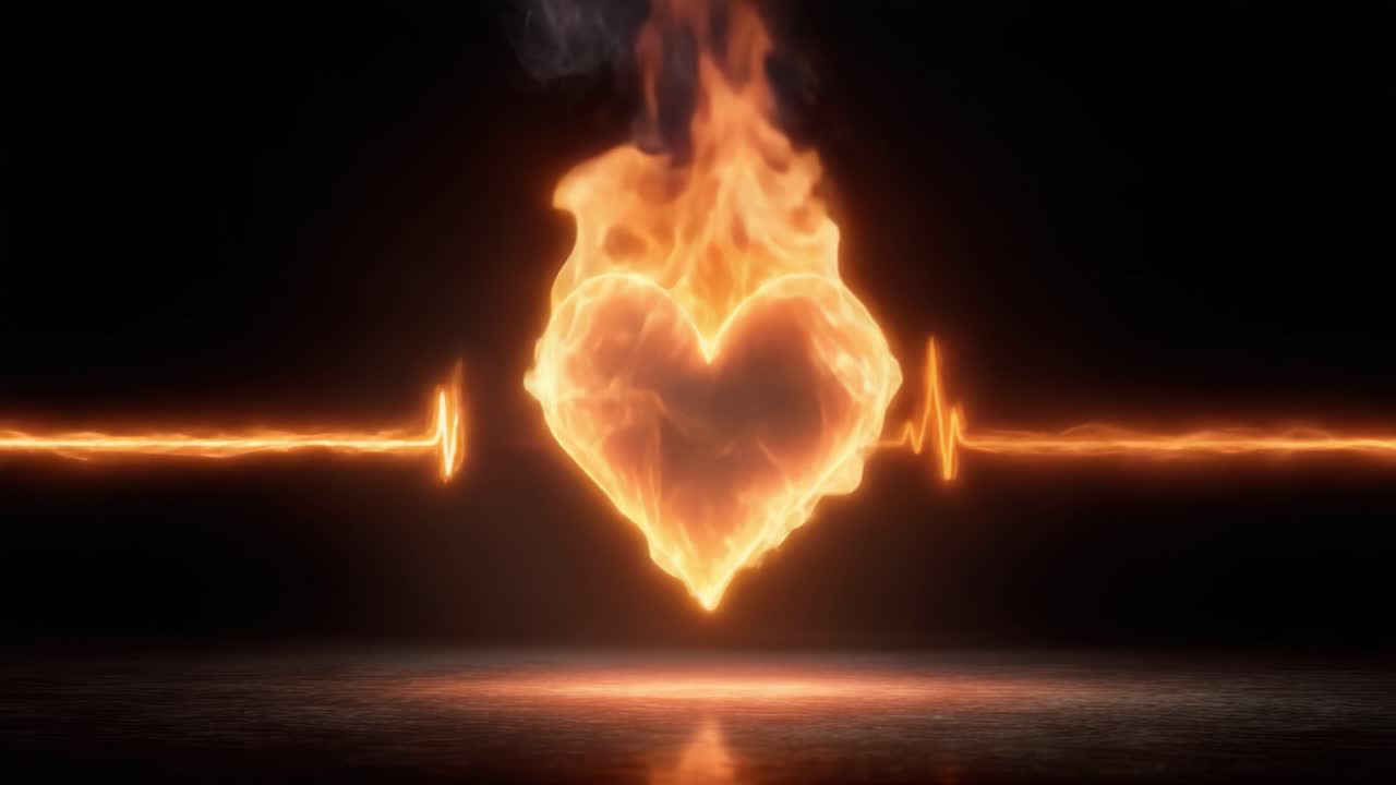Un battito cardiaco ardente: il cuore appassionato dell'amore e della vita catturato in fiamme vibranti ed energia pulsante, contro uno sfondo scuro.