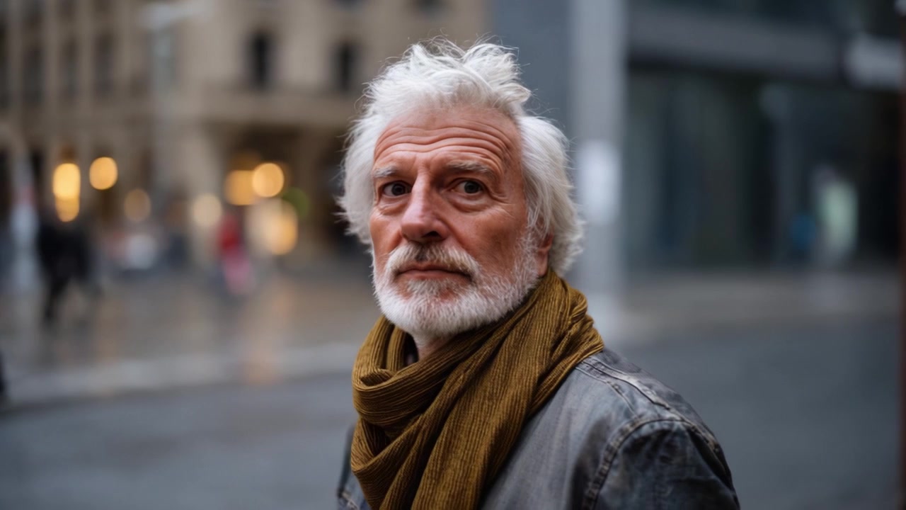 Un uomo anziano con capelli grigi e barba sta in piedi in modo contemplativo in un ambiente urbano, indossando una sciarpa, catturando l'essenza della saggezza e dell'esperienza in città.