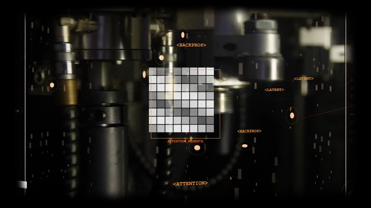 Central matrix appearing in bay, shifting tiles and moving highlight, showing tech processing