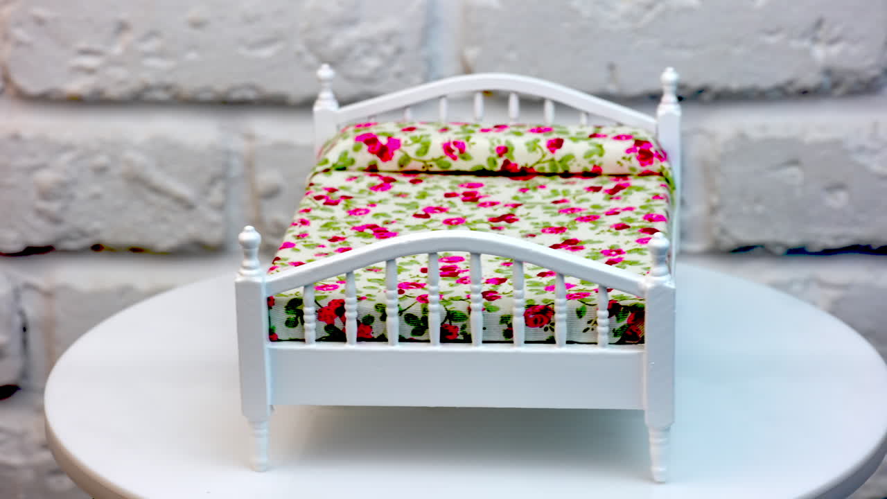 Toy miniature wooden furniture. Children toy furniture in studio shot, rotation