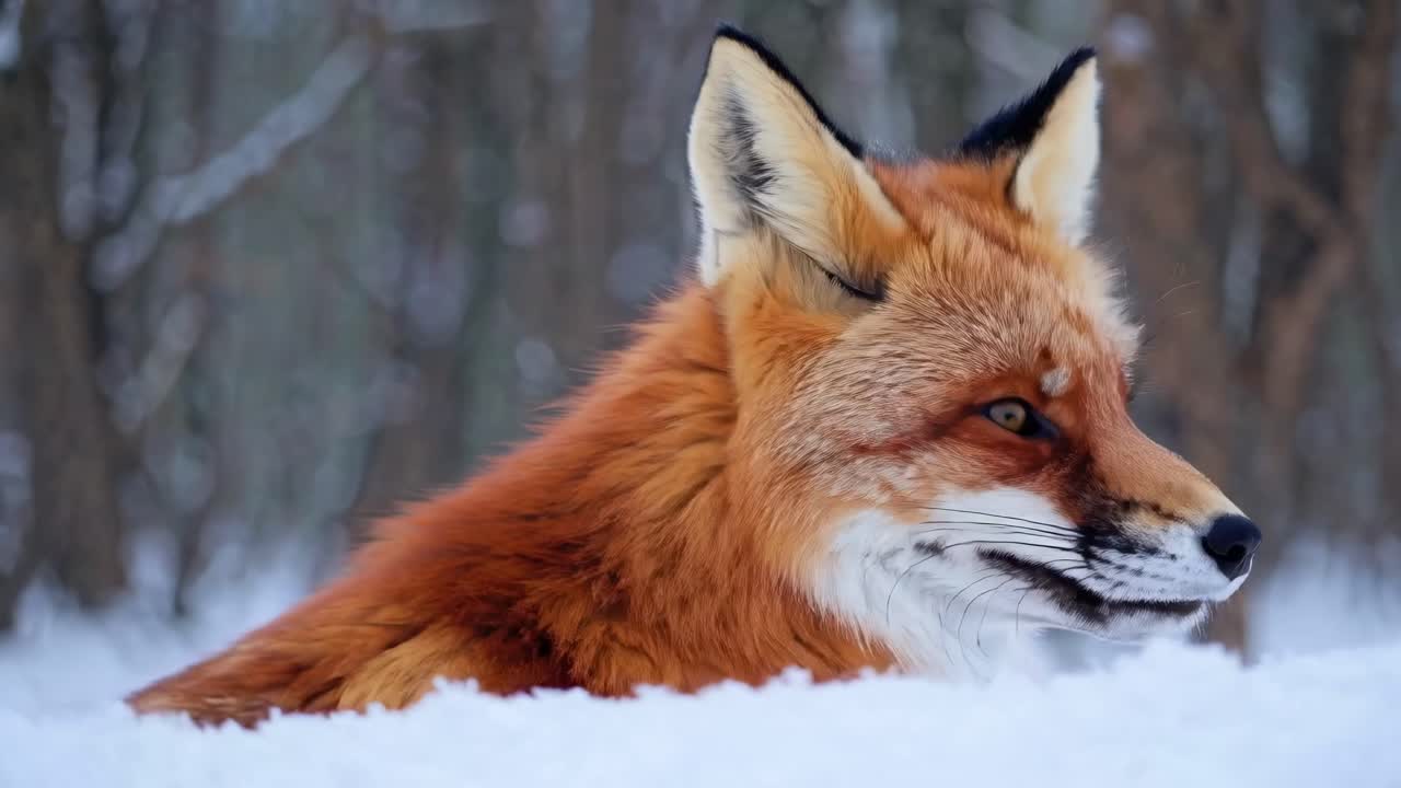 Close-up side view of a red fox in snowy woods, showcasing its fur detail