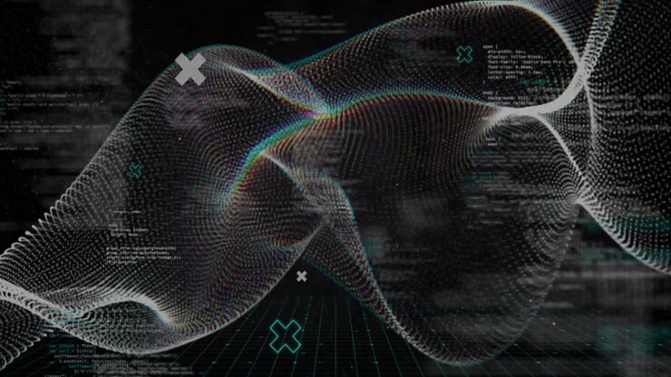 Animation of white shapes over data processing on black background
