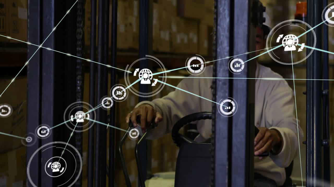 Forklift operator hands on controls guiding pallet, HUD icons expanding visualizing logistics data