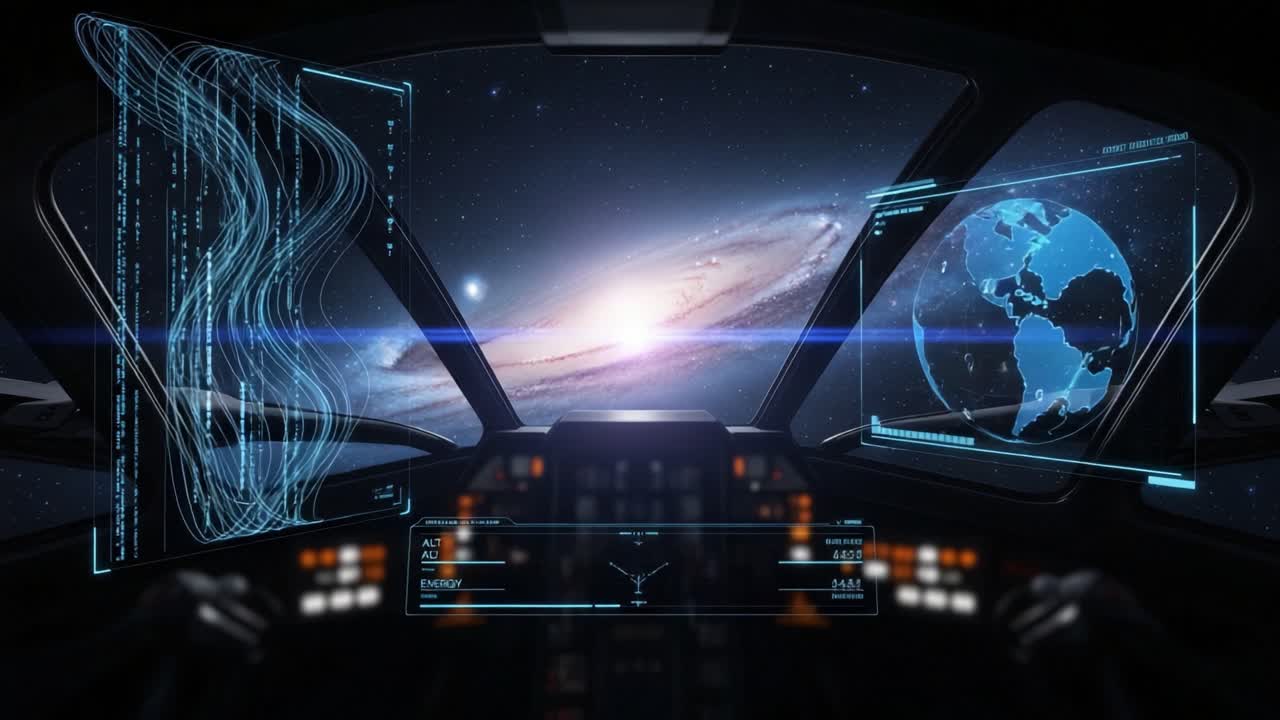 Futuristic Spacecraft Cockpit Displaying Cosmic Views and Advanced Navigation Controls, Capturing the Essence of Space Exploration and Technology in a Dynamic Environment