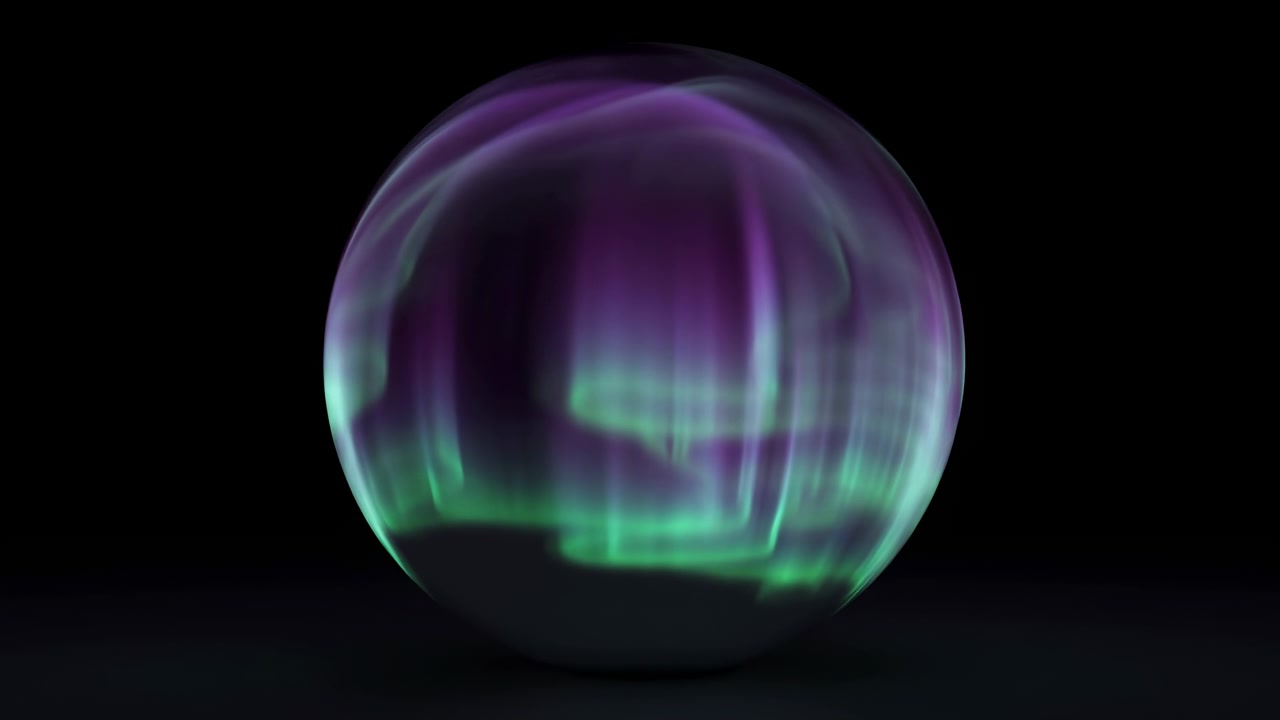 Purple and green light patterns slowly move within a smooth transparent orb while soft highlights slide over its rounded surface, forming a centered abstract composition on deep black.