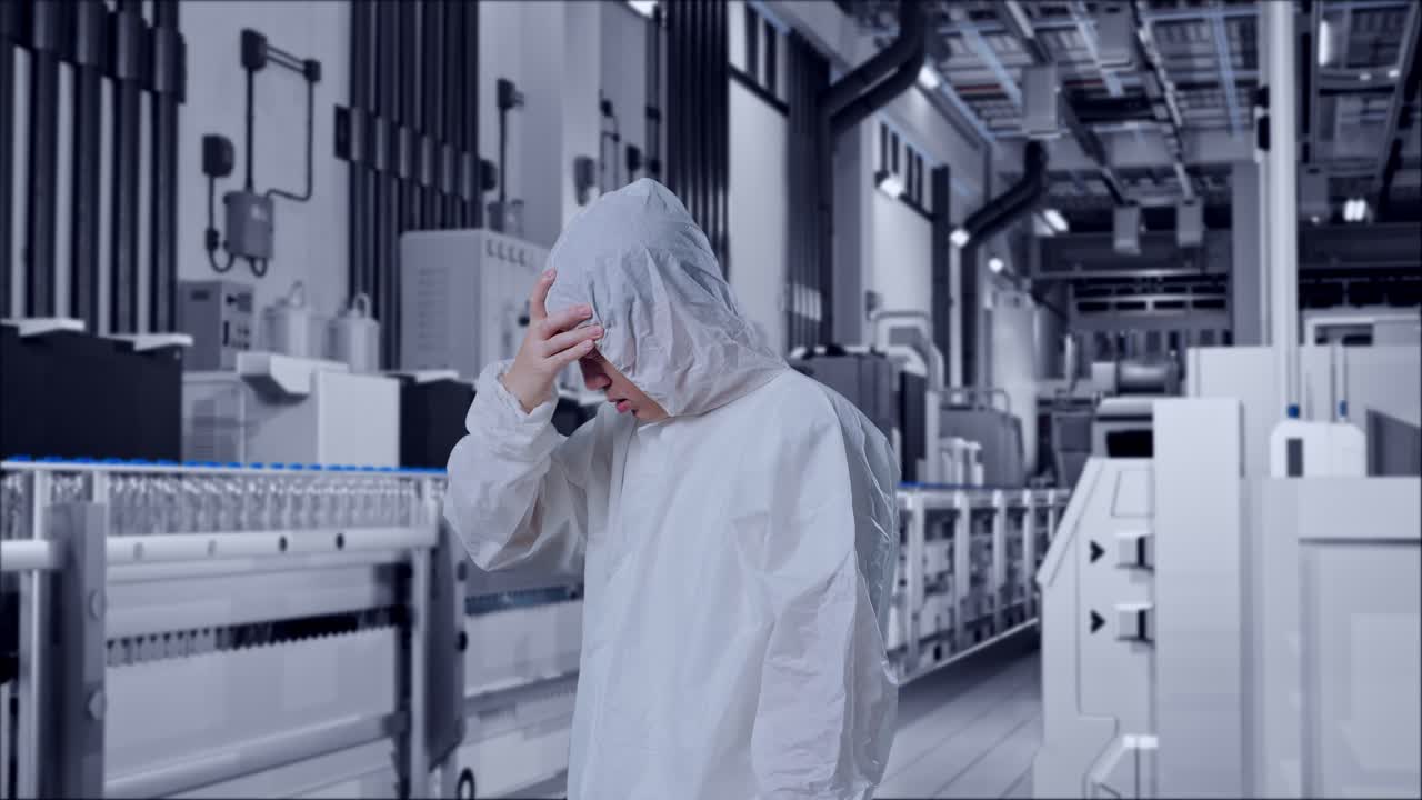 Side View Of Asian Male Scientist Having A Headache While Standing In Water Factory, Water Bottles on Production Line