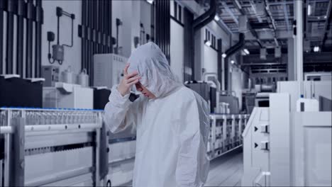 side view of asian male scientist having a headache while standing in water factory, water bottles on production line