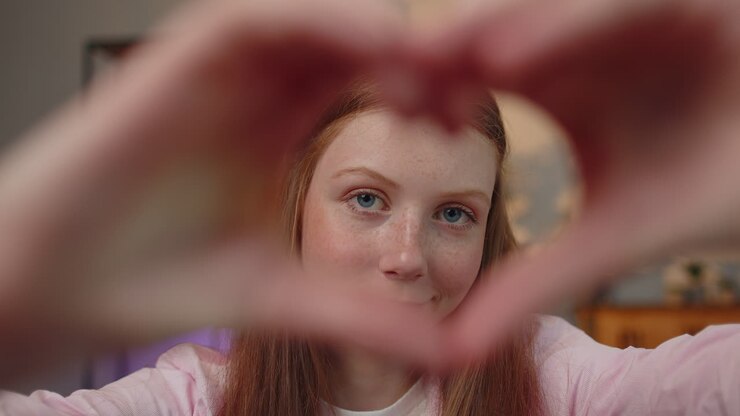 Teen child girl kid makes symbol of love, showing heart sign to camera, express romantic feelings