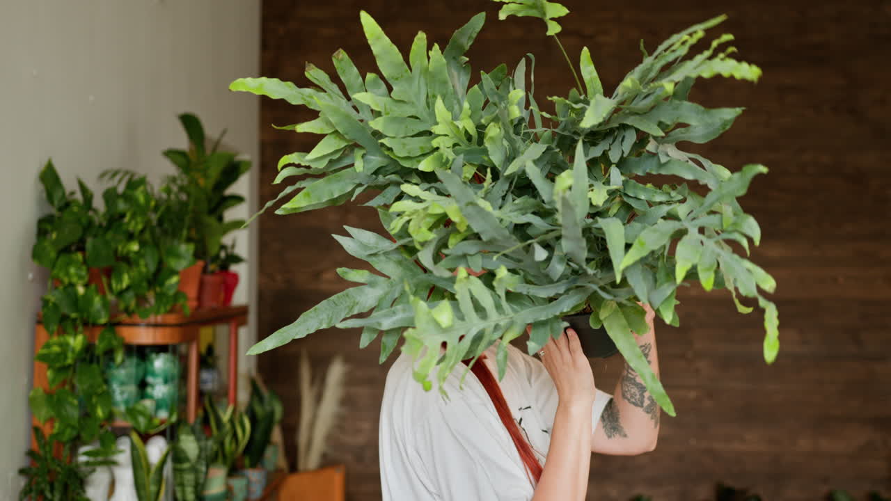 mujer rodeada de plantas en una tienda de plantas