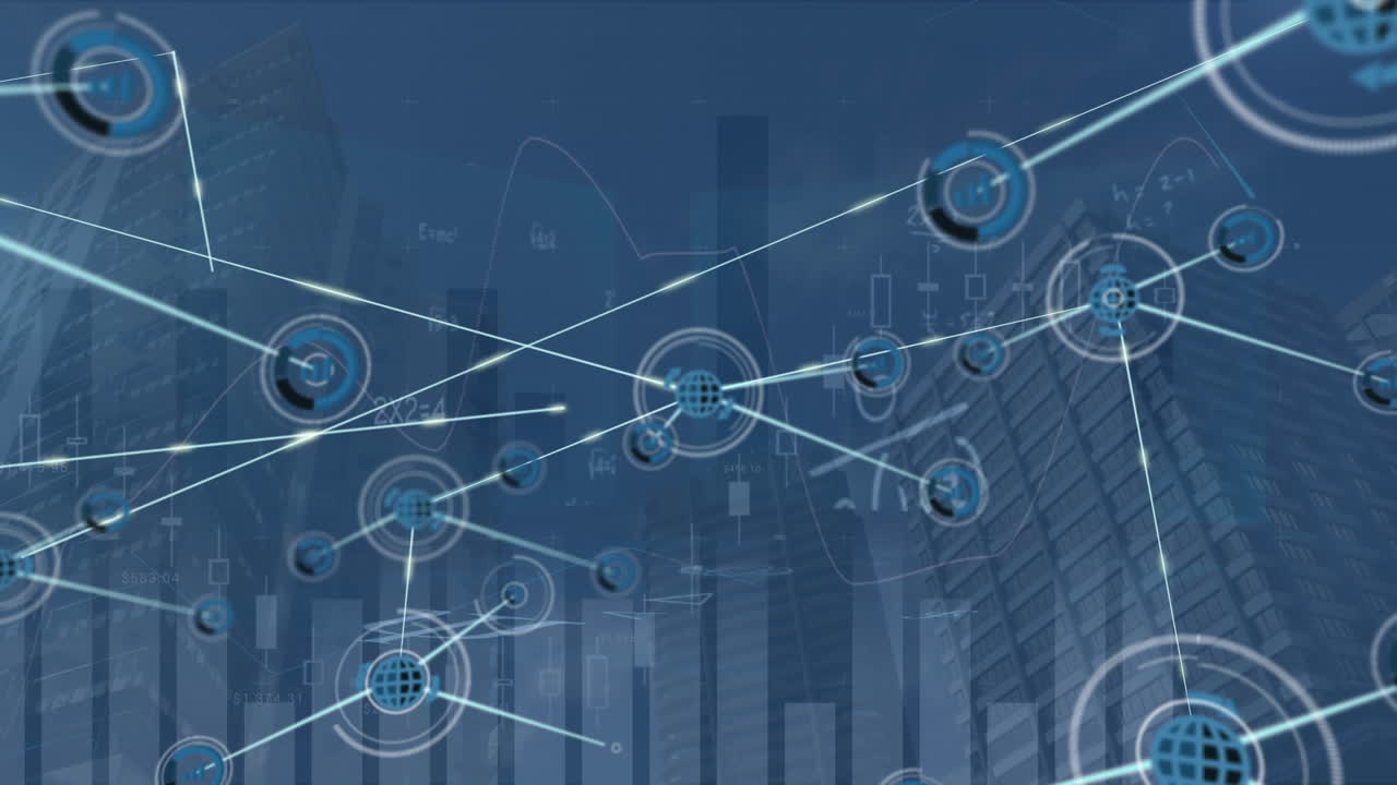 Animation of network of data icons communicating over graphs and data processing