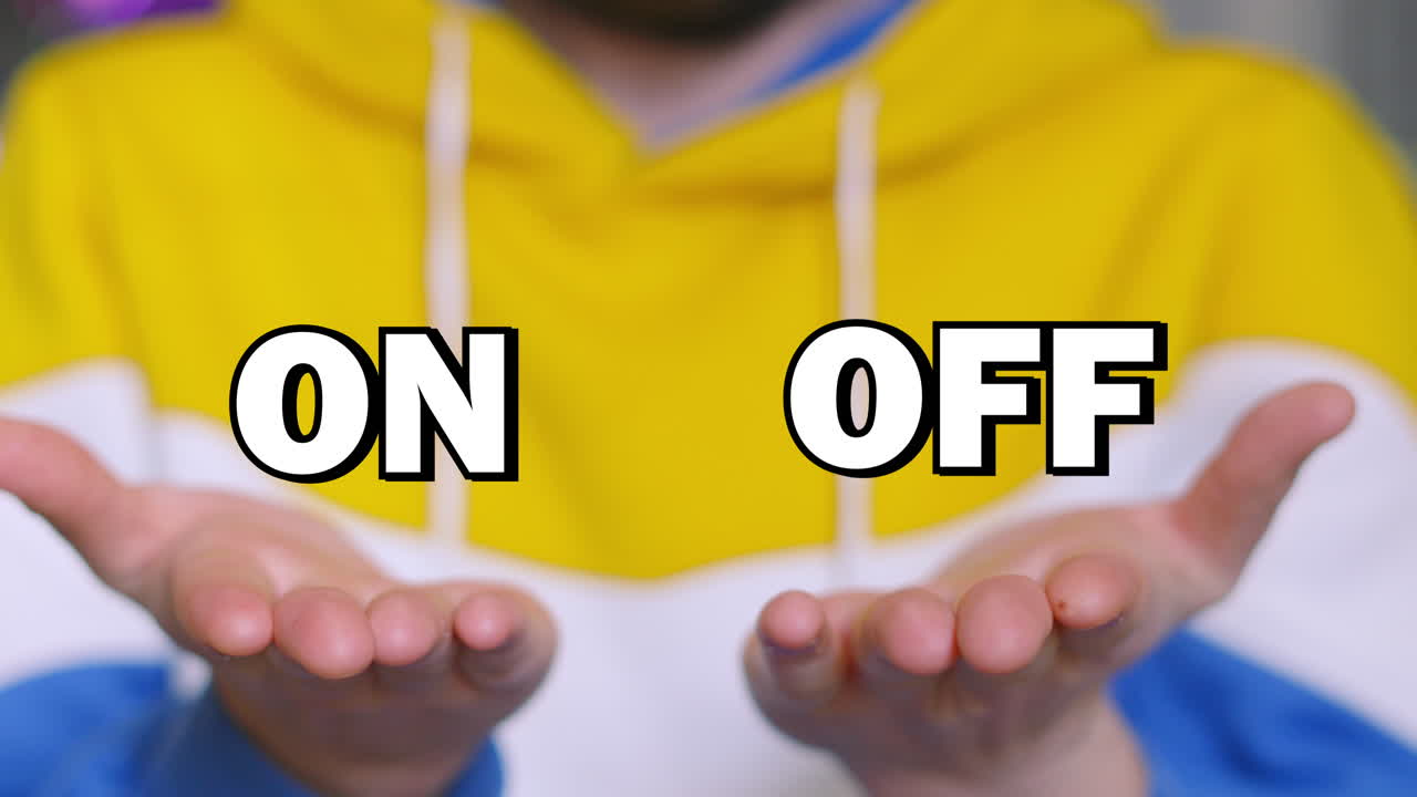 ON OFF Choice Text Appearing on Male Hands and Tracking with Up and Down Movement. Visual Illustration of Two Options and Weighing Up Decision with Pros and Cons.
