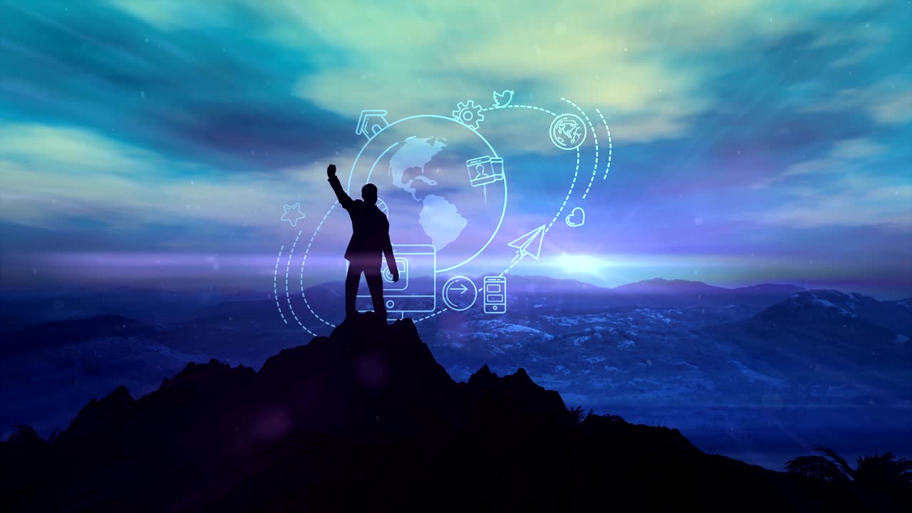 silueta de un hombre en la parte superior contra un fondo de infografías