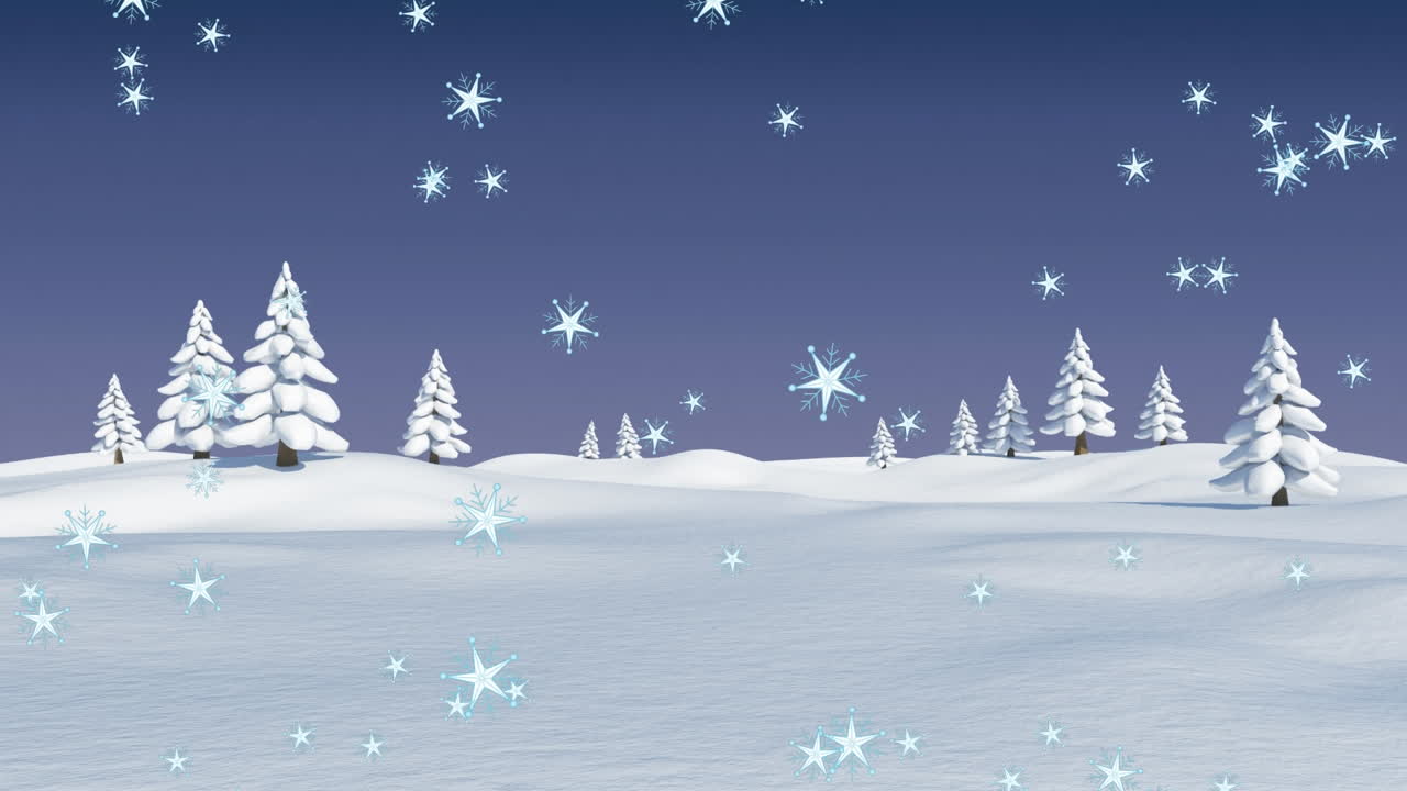 Animation of snowflakes falling over trees on winter landscape against blue background