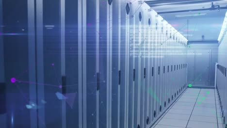 animation of network of connections and data processing over server room