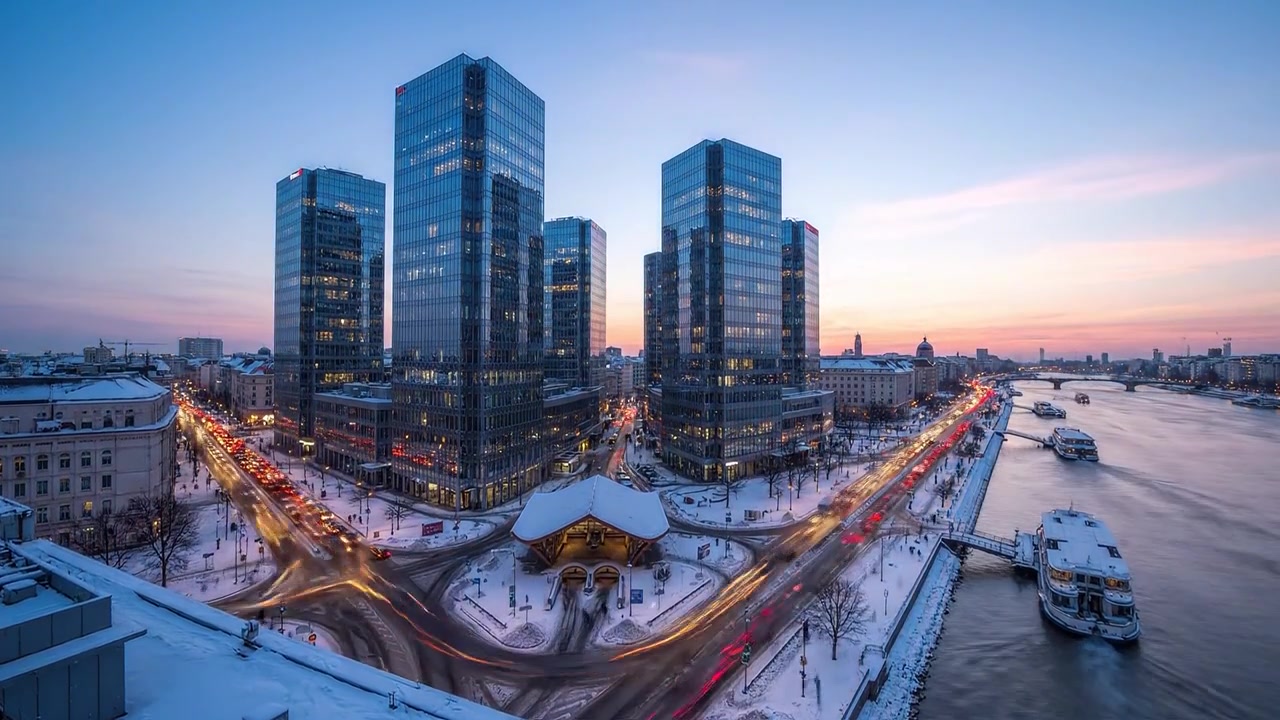Magnifique scène de crépuscule hivernal, mettant en vedette des gratte-ciel modernes illuminés sur un coucher de soleil coloré, au-dessus d'une rivière scintillante et d'un environnement enneigé dans un paysage urbain.