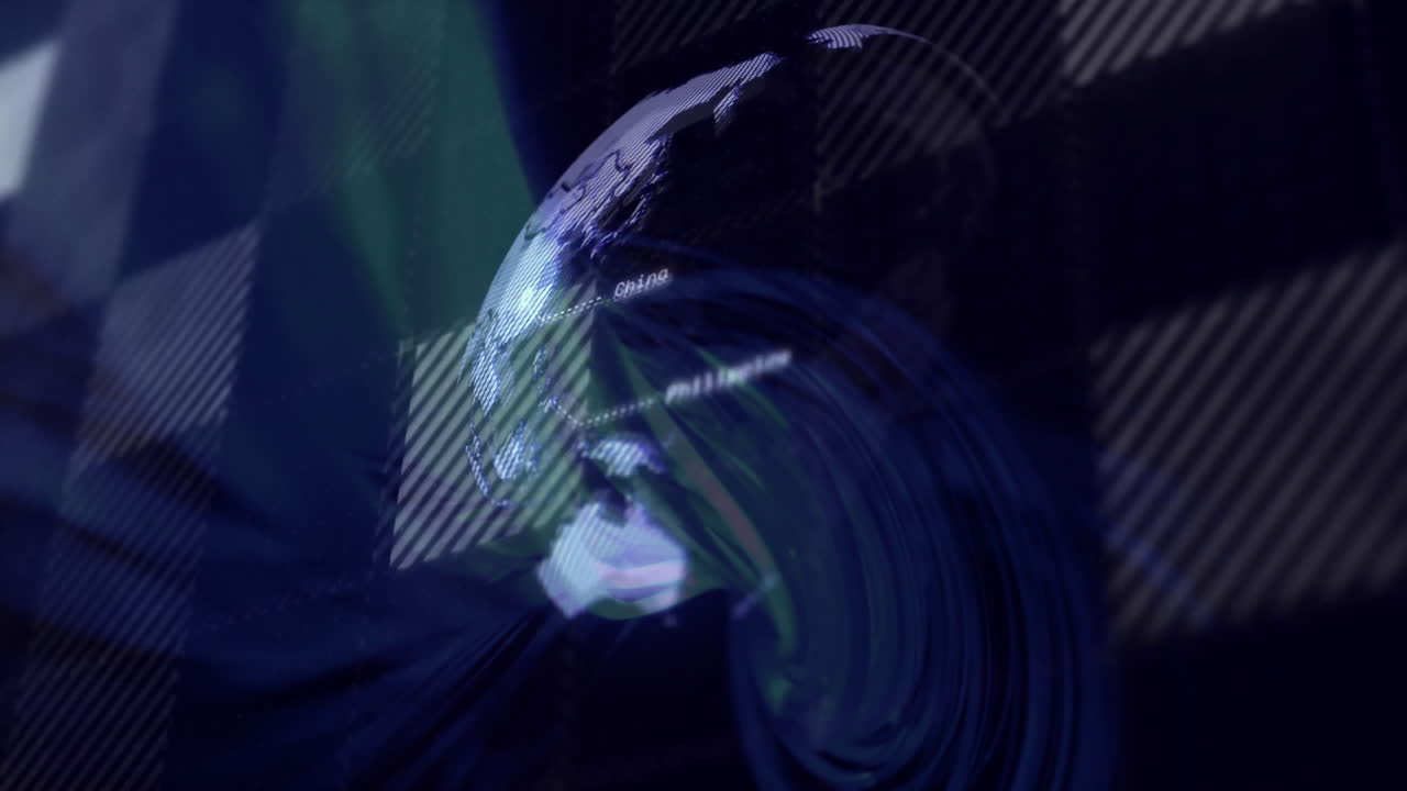 Animation of digital globe with swirling blue patterns and abstract lines moving