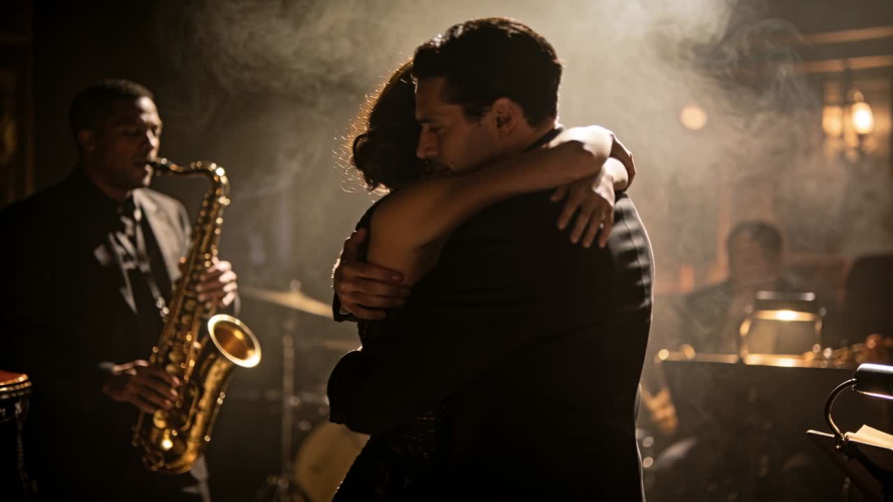 Band starting to play, couple in formal wear swaying and embracing at lounge stage, saxophonist