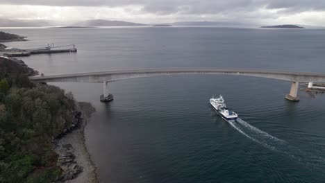 fishing boat sailing under the modern skye bridge towards the atlantic ocean in scotland