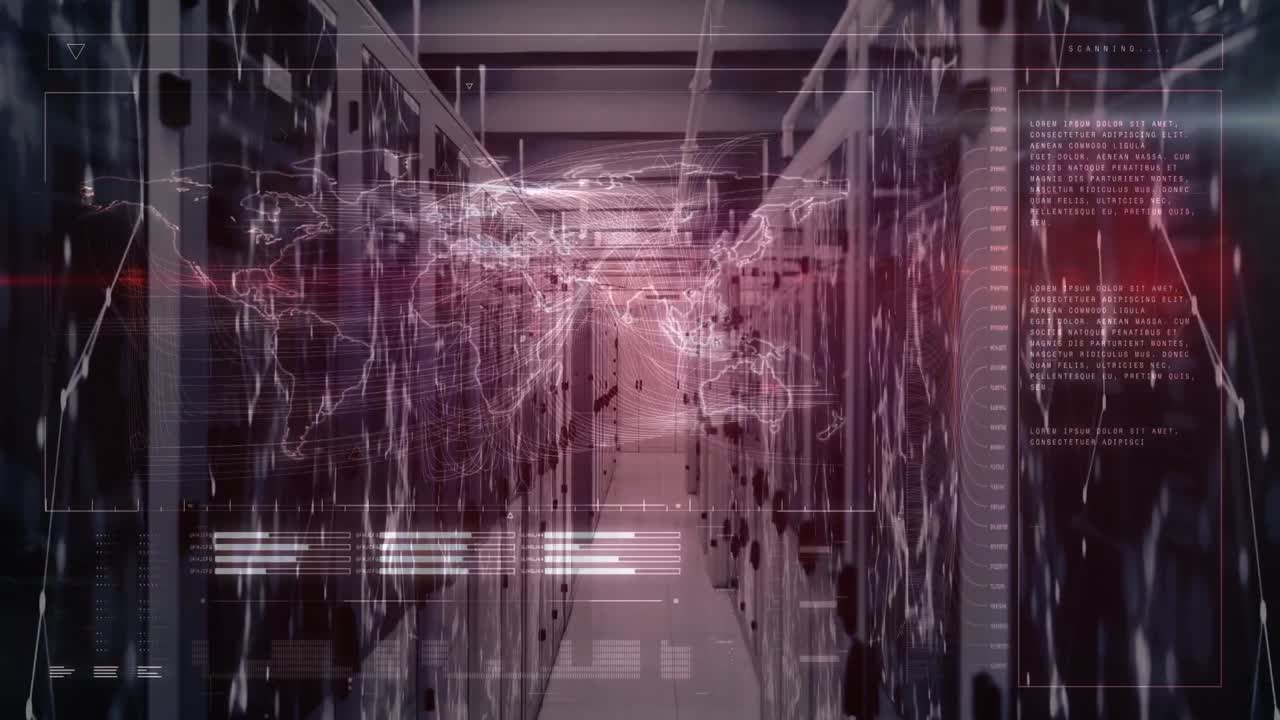 Animation of world map and data processing over server room