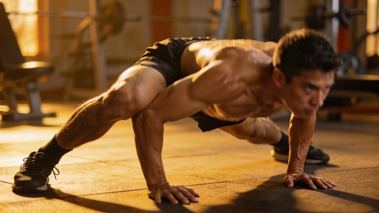 Starting low hold, shirtless man in black shorts doing push-ups on gym floor near plates, training