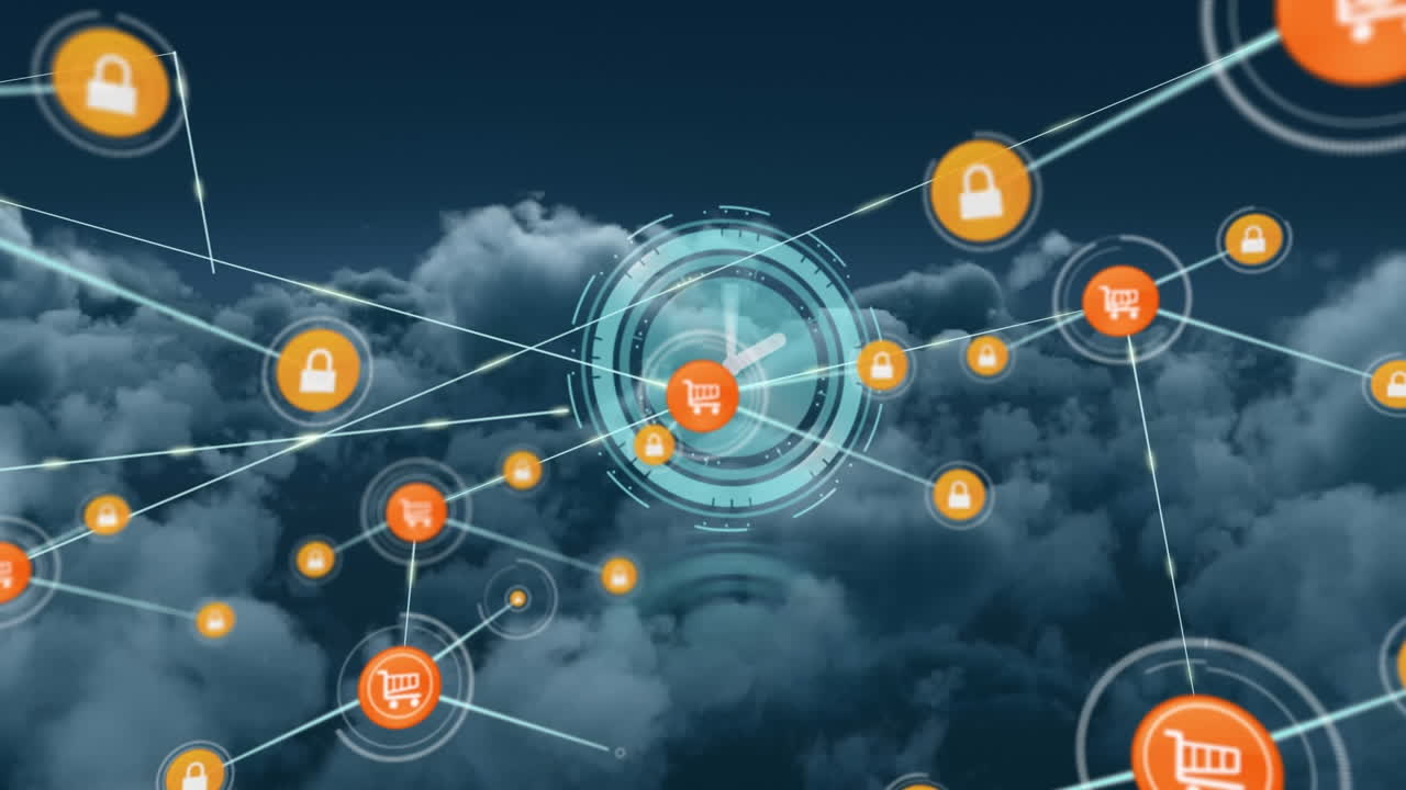 Animazione di rete di connessioni con icone su un orologio