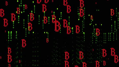 animation von bitcoin-symbolen auf schwarzem hintergrund mit grünen buchstaben