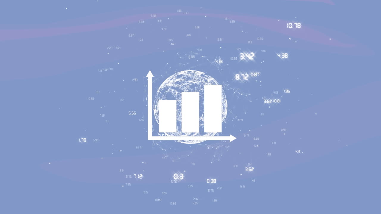 animación de estadísticas, giro del globo y red de conexiones sobre fondo azul