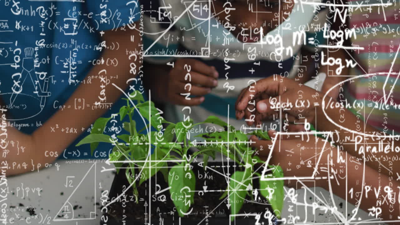 animación de ecuaciones matemáticas sobre escolares durante la clase