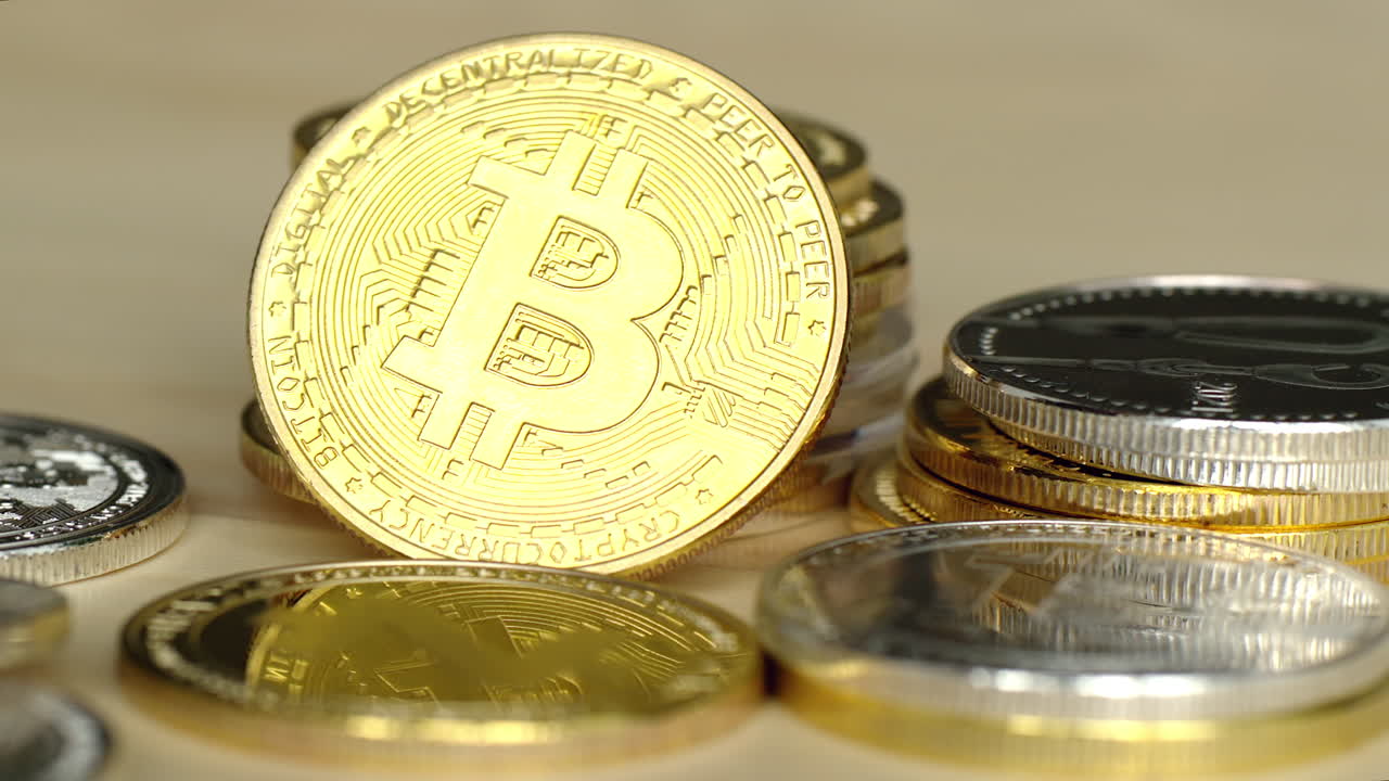 Close up crypto coins with golden bitcoin