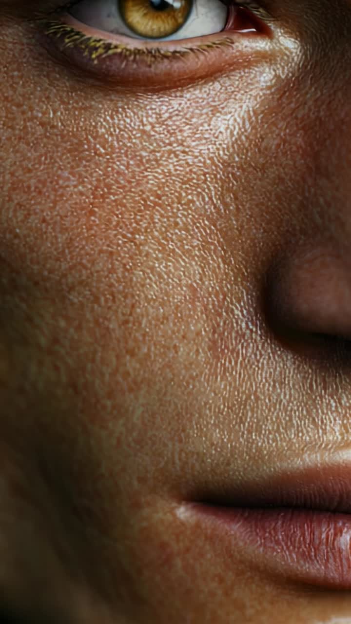 Close-Up Details of a Human Face Highlighting Skin Texture and Captivating Eye Color in High-Resolution Imagery, Focusing on Realistic Features and Expressions