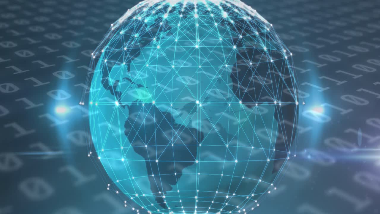 Animation of globe with network and connections over binary coding