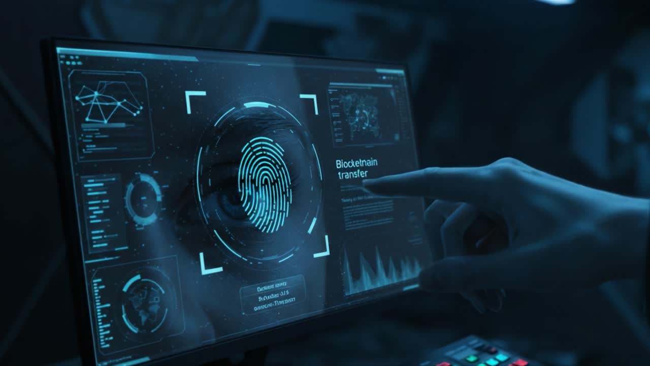 A futuristic interface displaying advanced biometric fingerprint recognition technology, highlighting blockchain transfer data and digital analytics with a focus on security and innovation