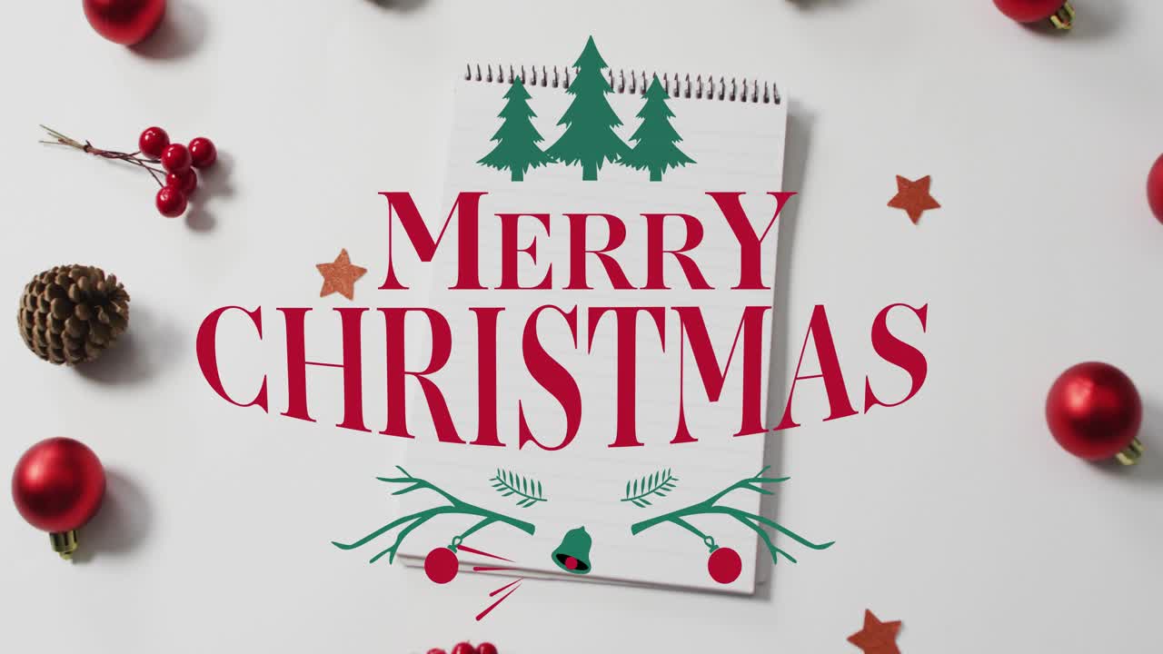 On start flat-lay notepad greeting forming as trees sliding, bell swinging by rod forming card