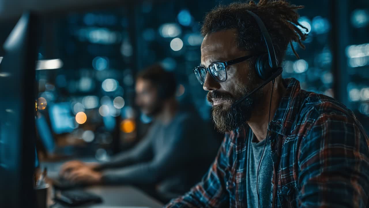 Focused Professional in a Modern Office Setting Engaged in Communication while Working with Technology at Night with Strategic Background Elements