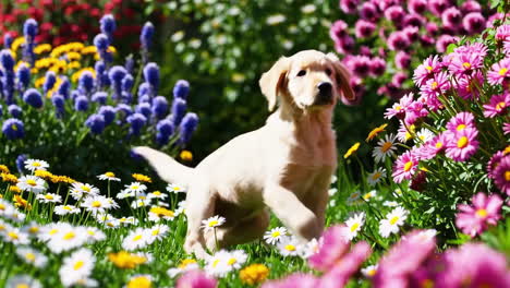 adorable labrador puppy playing in a flower garden