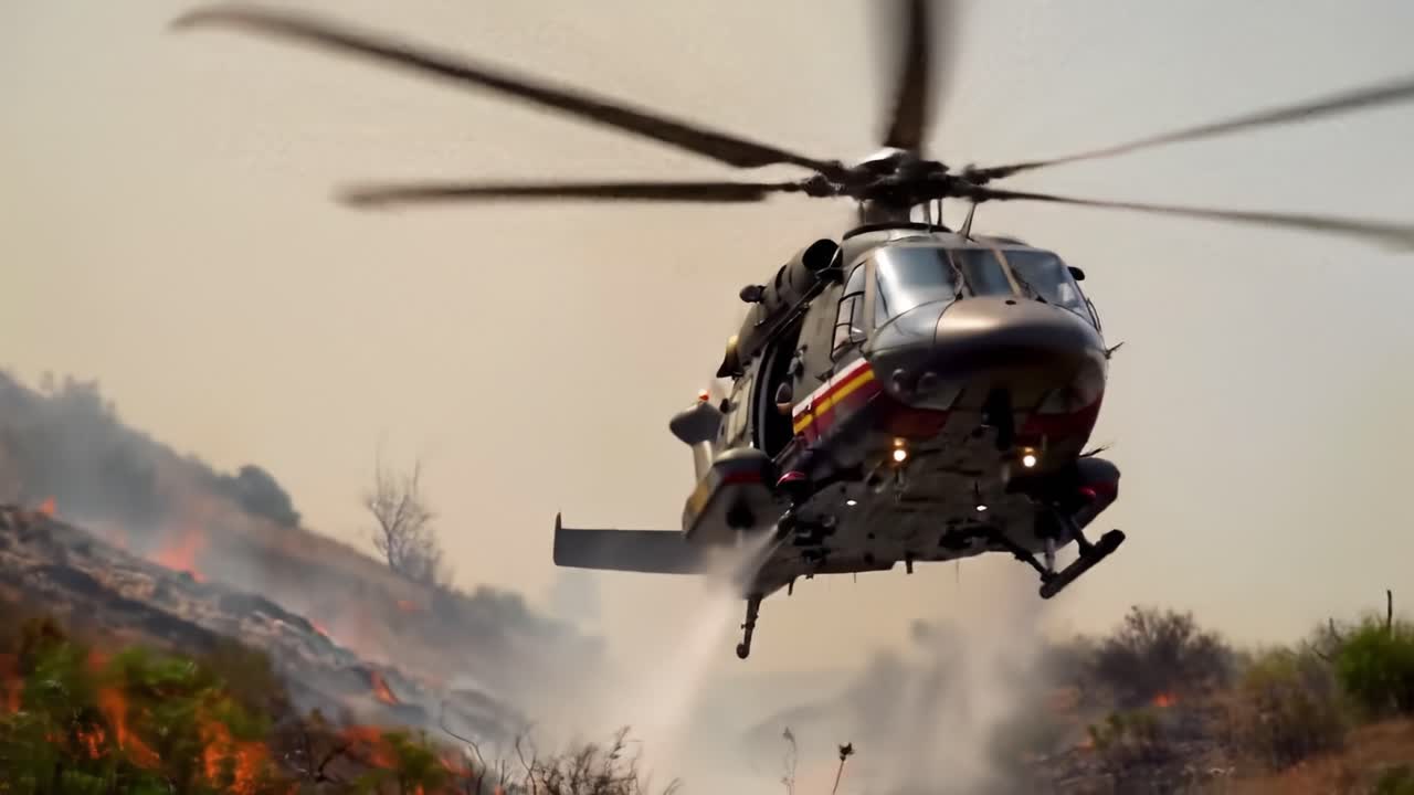 Aerial Firefighting Efforts: A Helicopter Confronts Wildfires with Precision, Battling Flames Amidst Smoke and Ash on the Landscape Below