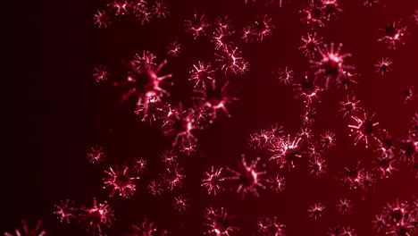 volando muchas células de virus en fondo rojo. concepto médico, ilustración microscópica. animación 3d de la molécula de virus girando. animación de bucle.