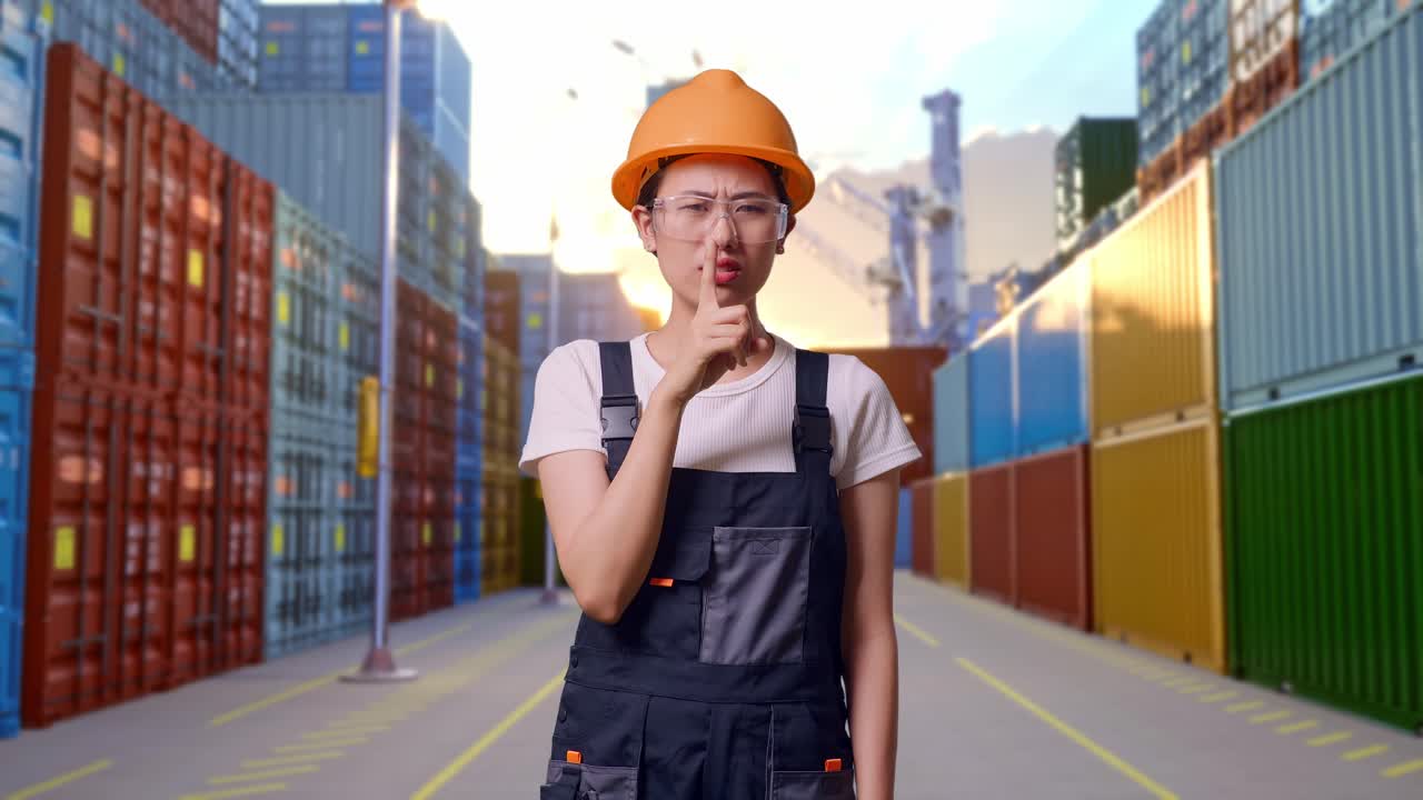 trabajadora asiática con gafas de protección y casco de seguridad mirando a la cámara y haciendo un gesto de silencio mientras está de pie en el almacén del patio de contenedores